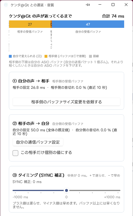 遅延・音質の調整 — ①相手に頼む ②自分の受信バッファ ③タイミング
