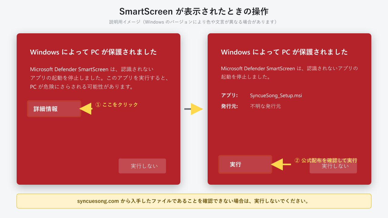 SmartScreen 警告で「詳細情報」から「実行」を選ぶ操作例